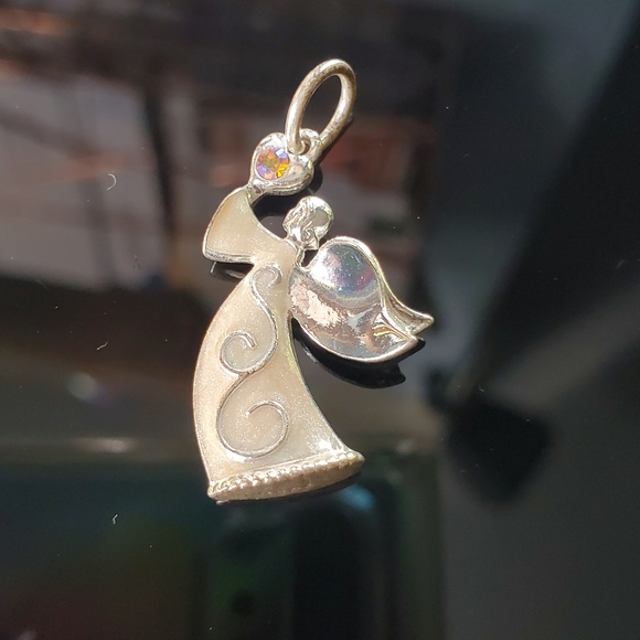 Vintage angel charm silvertone & cream pearl enamel & aurora borealis crystal - Picture 1 of 7